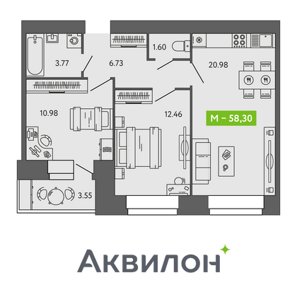 58,3 м², 2-комн. квартира, 4/9 этаж