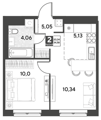 Продажа 2-комнатной квартиры 34,6 м², 21/21 этаж