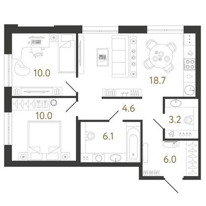 58,6 м², 2-комн. квартира, 3/16 этаж