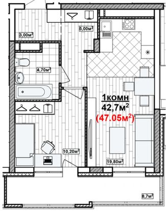 Продажа 1-комнатной квартиры 47 м², 6/15 этаж