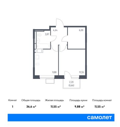 36,6 м², 1-комн. квартира, 9/9 этаж