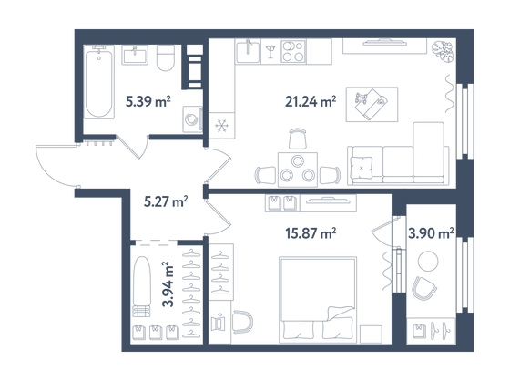 53,7 м², 1-комн. квартира, 4/11 этаж