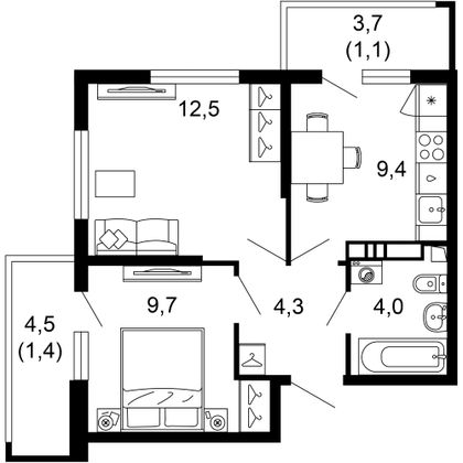 42,4 м², 2-комн. квартира, 12/17 этаж