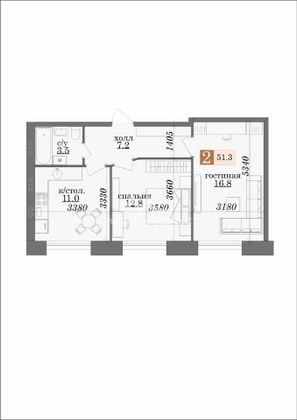 Продажа 2-комнатной квартиры 51,3 м², 3/5 этаж
