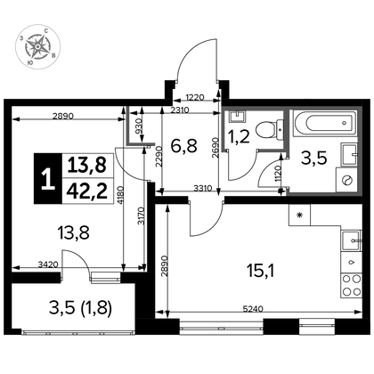 42,2 м², 1-комн. квартира, 19/24 этаж