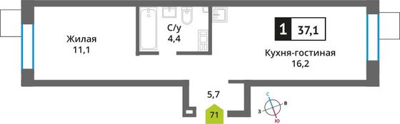 Продажа 1-комнатной квартиры 37,1 м², 6/6 этаж