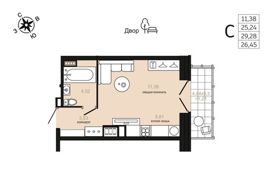 26,5 м², 1-комн. квартира, 7/9 этаж