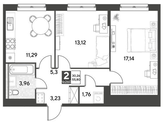 Продажа 2-комнатной квартиры 55,8 м², 10/25 этаж