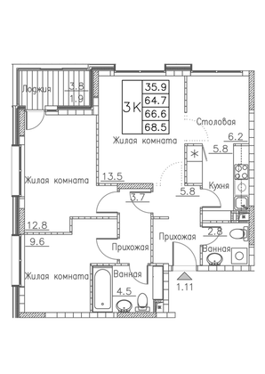 68,5 м², 3-комн. квартира, 2/19 этаж