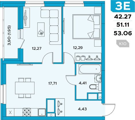 53,2 м², 3-комн. квартира, 1/17 этаж