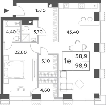 98,9 м², 2-комн. квартира, 50/52 этаж