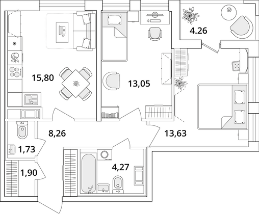 60,8 м², 2-комн. квартира, 2/18 этаж