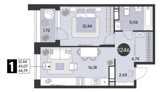 Продажа 1-комнатной квартиры 44,8 м², 18/21 этаж