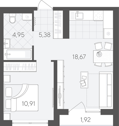 41,8 м², 1-комн. квартира, 3/9 этаж