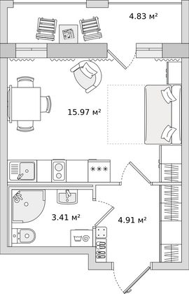 24,3 м², студия, 16/17 этаж