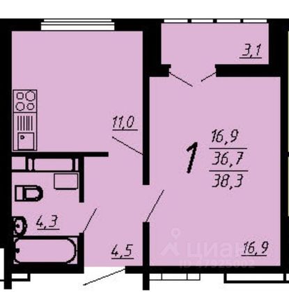 Продажа 1-комнатной квартиры 38,3 м², 5/20 этаж