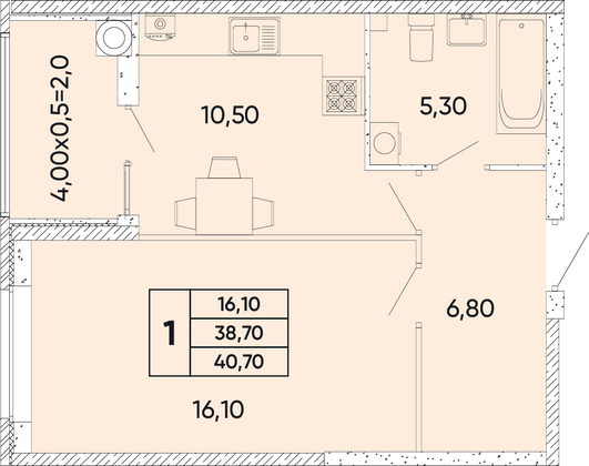 40,7 м², 1-комн. квартира, 2/18 этаж
