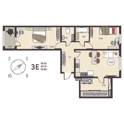 70,9 м², 2-комн. квартира, 16/18 этаж