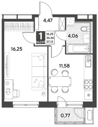 Продажа 1-комнатной квартиры 37,1 м², 9/25 этаж