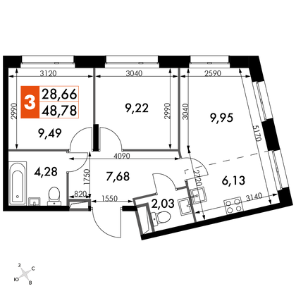 48,8 м², 3-комн. квартира, 12/15 этаж