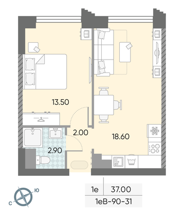 Продажа 1-комнатной квартиры 37 м², 31/58 этаж