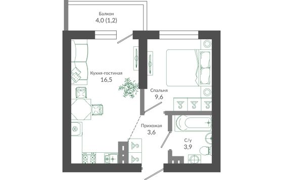 34,8 м², 1-комн. квартира, 7/12 этаж