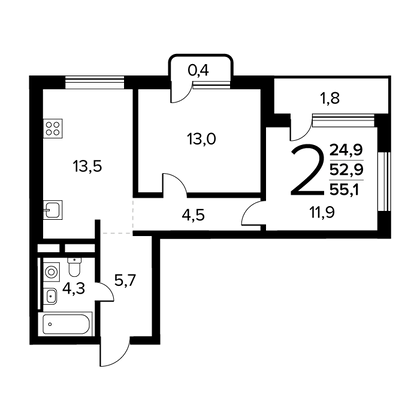 Продажа 2-комнатной квартиры 55,1 м², 13/14 этаж