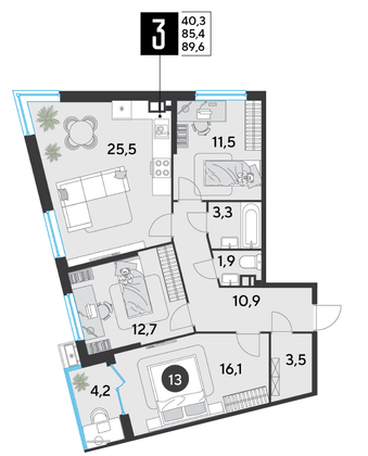 Продажа 3-комнатной квартиры 89,6 м², 3/16 этаж
