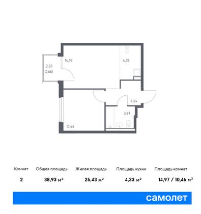 38,9 м², 1-комн. квартира, 4/7 этаж