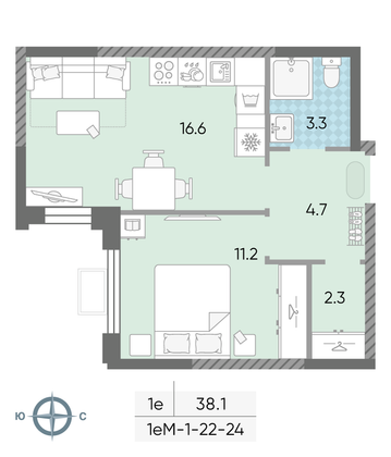 Продажа 1-комнатной квартиры 38,1 м², 24/24 этаж