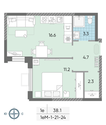 Продажа 1-комнатной квартиры 38,1 м², 24/24 этаж