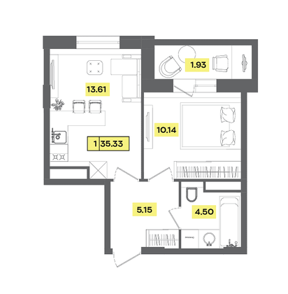 Продажа 2-комнатной квартиры 35,3 м², 6 этаж