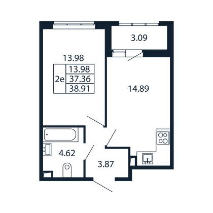 37,1 м², 1-комн. квартира, 2/13 этаж