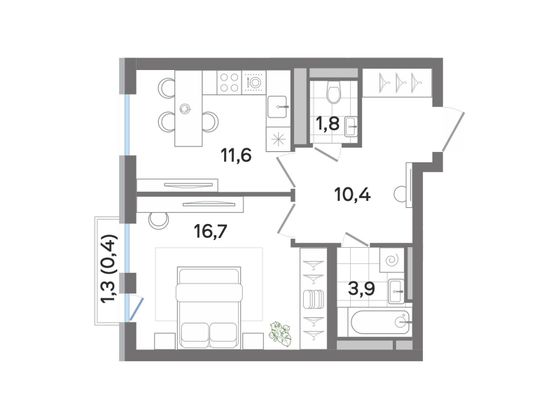 44,8 м², 1-комн. квартира, 4/4 этаж