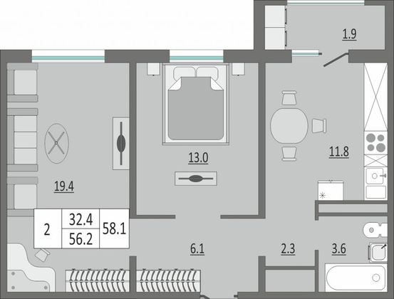 Продажа 2-комнатной квартиры 58 м², 17/18 этаж
