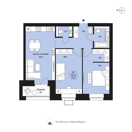 72,8 м², 2-комн. квартира, 7/12 этаж