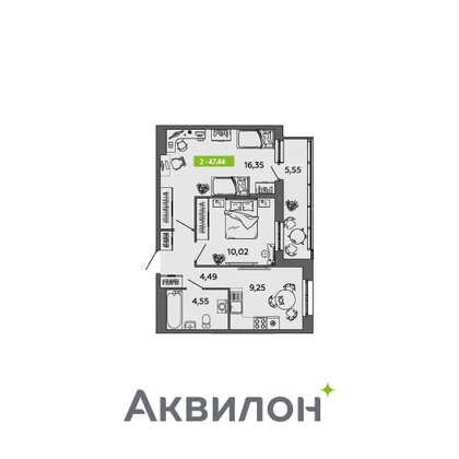 47,4 м², 2-комн. квартира, 2/16 этаж