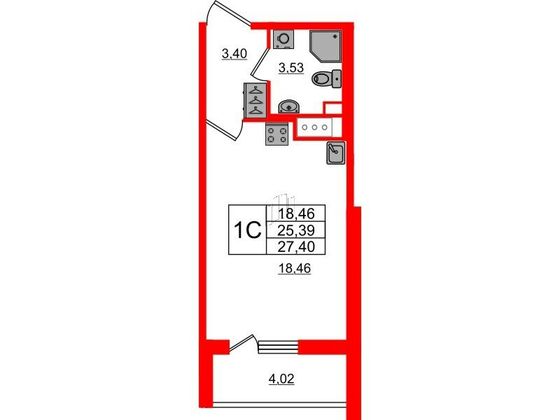 Продажа квартиры-студии 25,4 м², 4/25 этаж