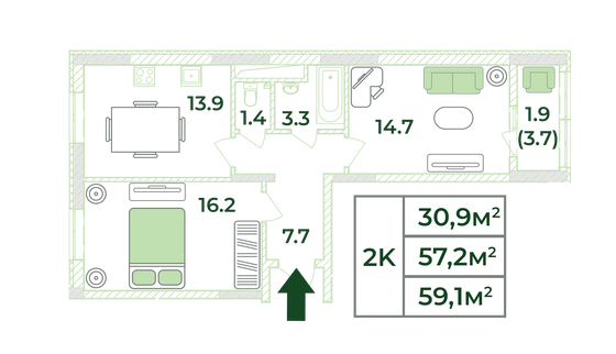 59,1 м², 2-комн. квартира, 11/18 этаж