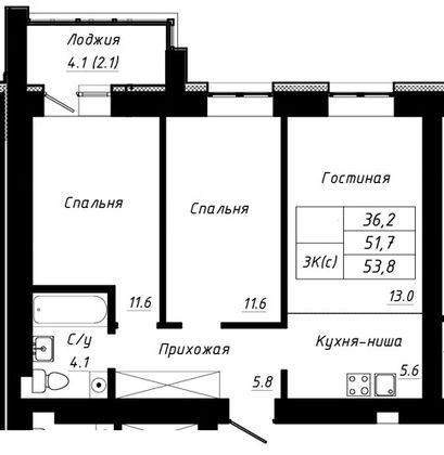 53,8 м², 3-комн. квартира, 4/10 этаж