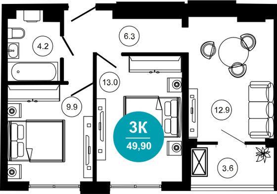 49,9 м², 3-комн. квартира, 3/10 этаж