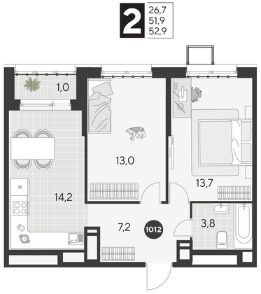 Продажа 2-комнатной квартиры 52,9 м², 17/21 этаж