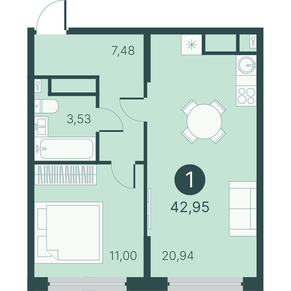Продажа 1-комнатной квартиры 43 м², 2/17 этаж