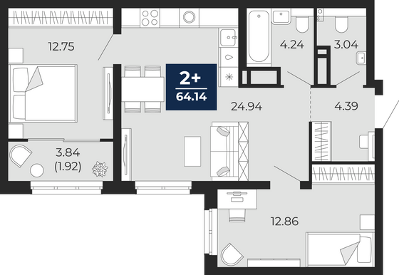 64,1 м², 2-комн. квартира, 18/23 этаж