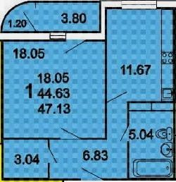 Продажа 1-комнатной квартиры 45 м², 7/17 этаж