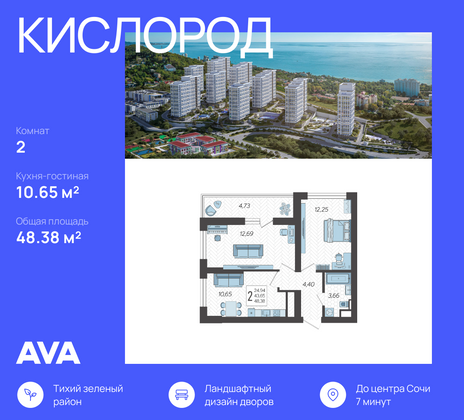 48,4 м², 2-комн. квартира, 14/19 этаж