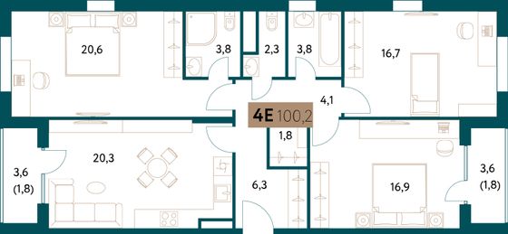 100,2 м², 4-комн. квартира, 7/15 этаж