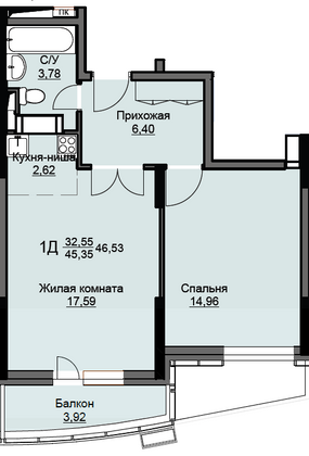 Продажа 1-комнатной квартиры 46,5 м², 11/17 этаж