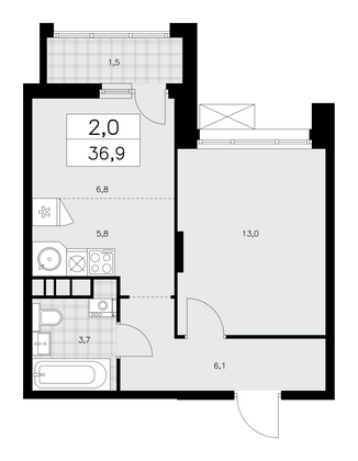 36,9 м², своб. планировка, 9/15 этаж