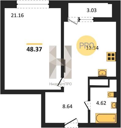 Продажа 1-комнатной квартиры 48,4 м², 5/14 этаж